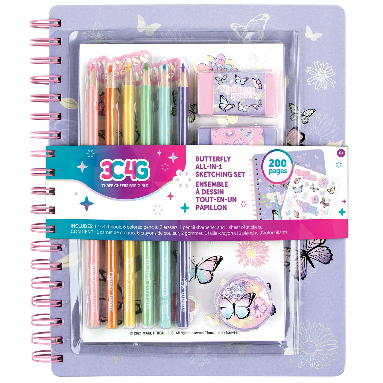 Make It Real: Butterfly All-In-1 Sketching Set - Make It Real, Tweens & Girls, Journal & Art 200 Page Book, Take Notes In Class, Sketch & Doodle, Includes 6 Colored Pencils, 2 Erasers, Sharpener & Sticker Sheet, Kids Ages 6+